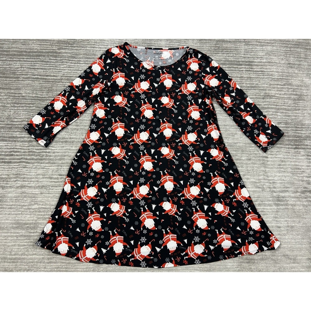North Pole Dress Womens Large Black Santa 3/4 Sleeve Mini Polyester Blend